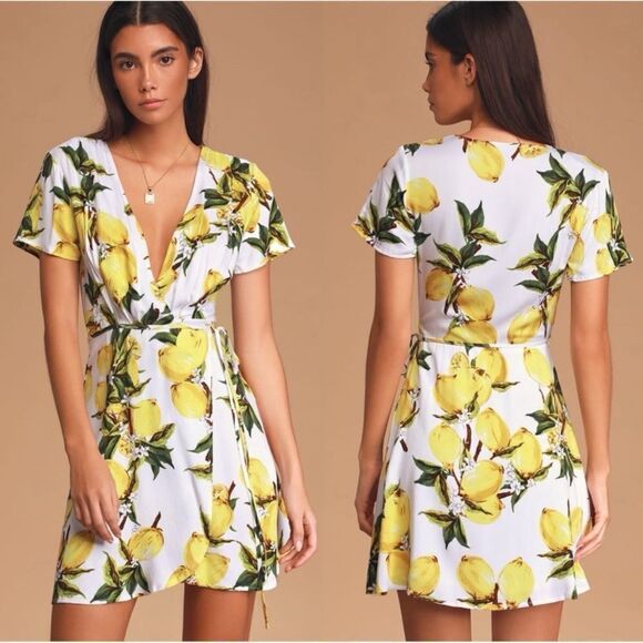 Lulu's Lemon Print Wrap Mini Dress - Picture 6 of 16